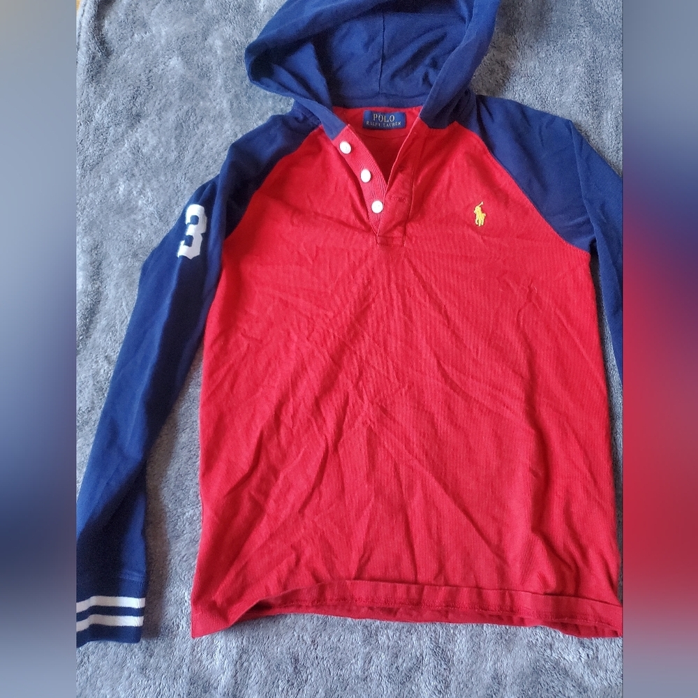 Polo by Ralph Lauren Red and Navy  Long Sleeve Tee with Hood Size YOUTH L